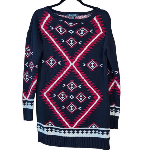 Lauren Ralph Lauren Sweater Tunic, Aztec Design 100% Cotton Black & Red sz M - Picture 1 of 10